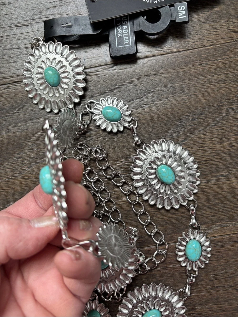 Marcus Adler metal chain belt oval turquoise stone round, Concho